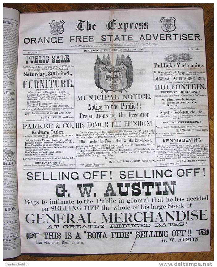 BOER WAR NEWSPAPERS 1875-1880 !! *THE EXPRESS AND ORANGE FREE STATE ADVERTISER * ! DUTCH & ENGLISH ! BRITISH EMPIRE - Non Classés