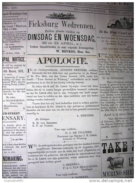 BOER WAR NEWSPAPERS 1875-1880 !! *THE EXPRESS AND ORANGE FREE STATE ADVERTISER * ! DUTCH & ENGLISH ! BRITISH EMPIRE