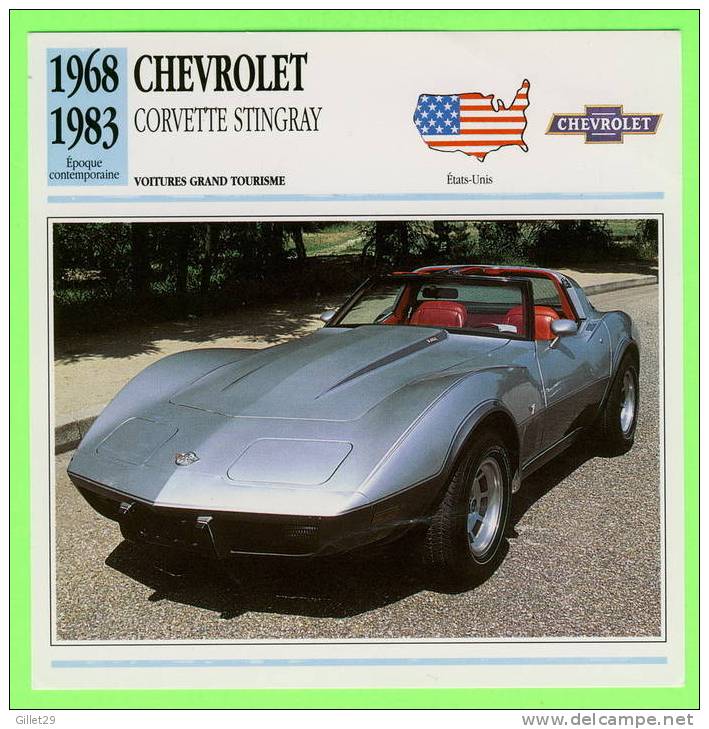 VOITURE, CHEVROLET CORVETTE STINGRAY - GRAND TOURISME - FICHE À L'ENDOS - - Voitures