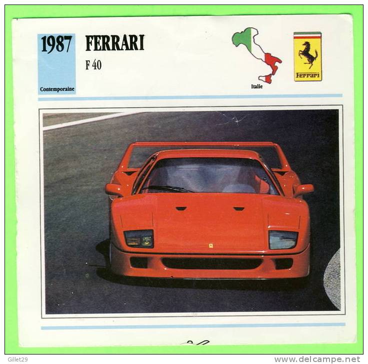 FERRARI, 1987 F40 - VOITURE DE SPORT - FICHE TECHNIQUE COMPLÈTE À L´ENDOS DE LA CARTE - - Voitures