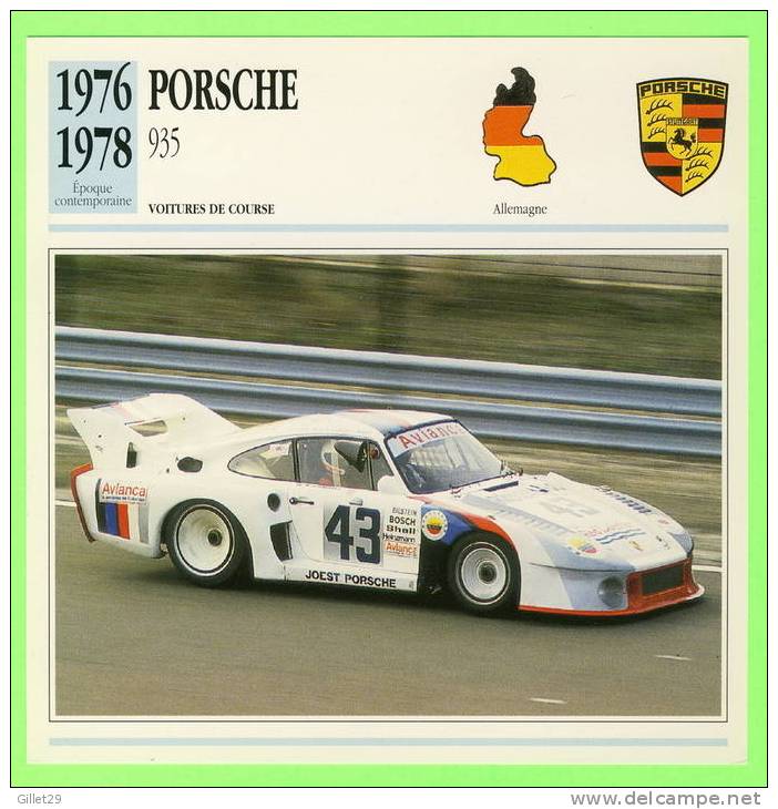 PORSCHE, 1976 935 - VOITURE DE COURSE - FICHE TECHNIQUE COMPLÈTE À L´ENDOS DE LA CARTE - - Voitures