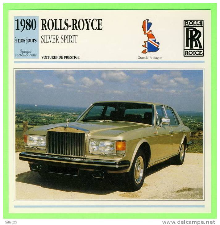 ROLLS-ROYCE, 1980 SILVER SPIRIT - VOITURE DE PRESTIGE - FICHE TECHNIQUE COMPLÈTE À L´ENDOS DE LA CARTE - - Voitures