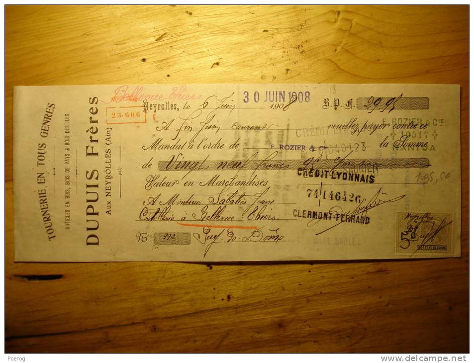 ANCIEN MANDAT CHEQUE - NEYROLLES THIERS COUTELLERIE - 30/06/1908 - Bills Of Exchange
