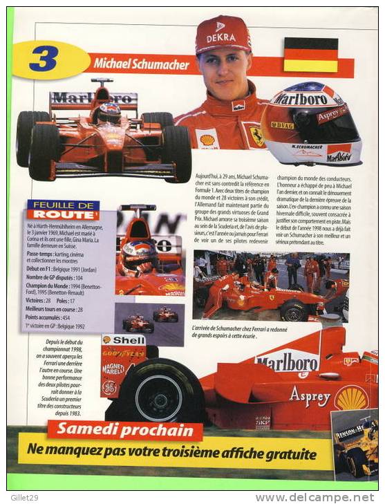 AFFICHE GÉANTE F1 - MICHAEL SCHUMAKER - FERRARI TEAMS 1998 - EDDIE IRVINE - DIMENSION DE 40 X 52cm -  4 PAGES D'INFORMAT - Automobile - F1