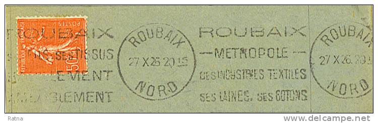 France : Obl /lettre 1925 Roubaix Tissu Laine Wool Textile Coton - Textil