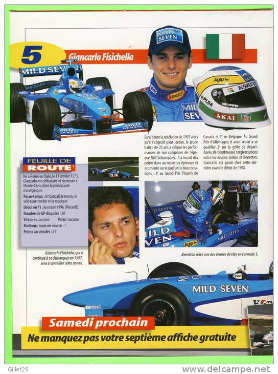 AFFICHE GÉANTE F1 - GIANCARLO FISICHELLA - BENETTON-PLAYLIFE TEAM 1998 - ALEXANDER WURZ - DIMENSION DE 40 X 52cm -  4 PA - Autosport - F1