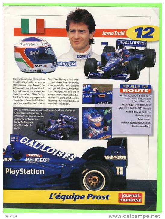 AFFICHE GÉANTE F1 - JARNO TRULLI - PROST-PEUGEOT TEAM 1998 - OLIVIER PANIS - DIMENSION DE 40 X 52cm -  4 PAGES D'INFORMA - Automobile - F1