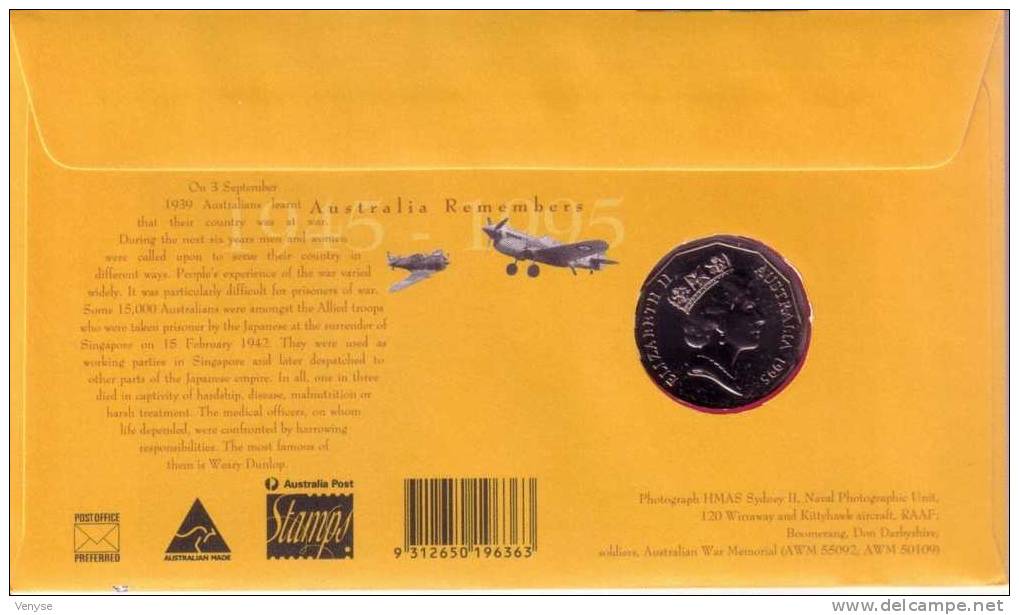 FDC AUSTRALIA + COIN  Ex Prisoners Of War  1995 - Münzen