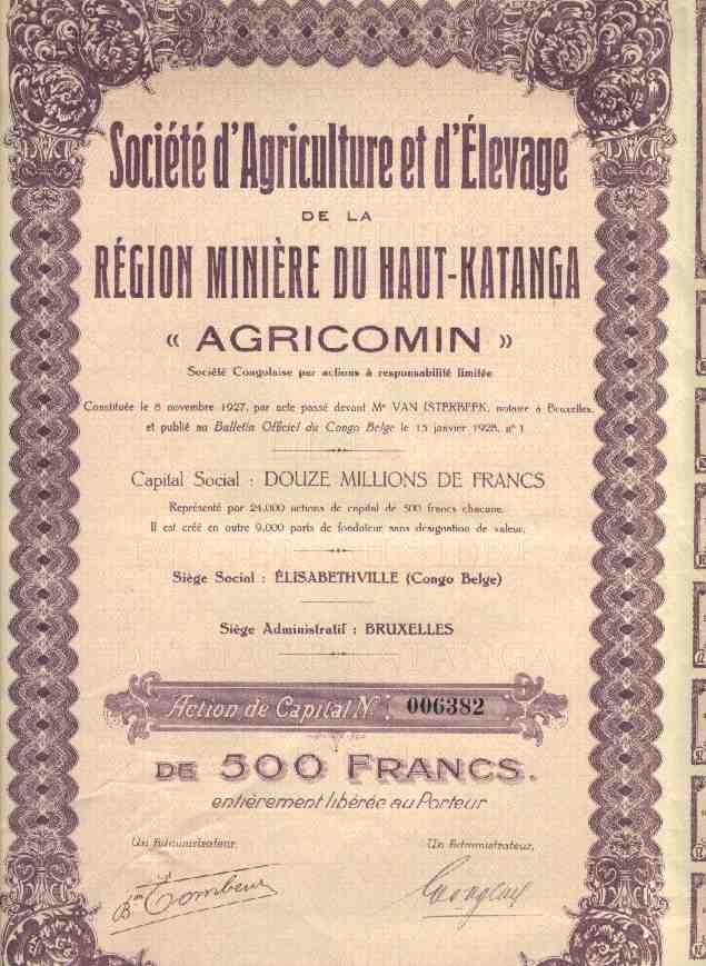 Société D´ Agriculture Et D´Elevage De La Région Minière Du Haut-Katanga, " Agricomin" 1928 - Mines