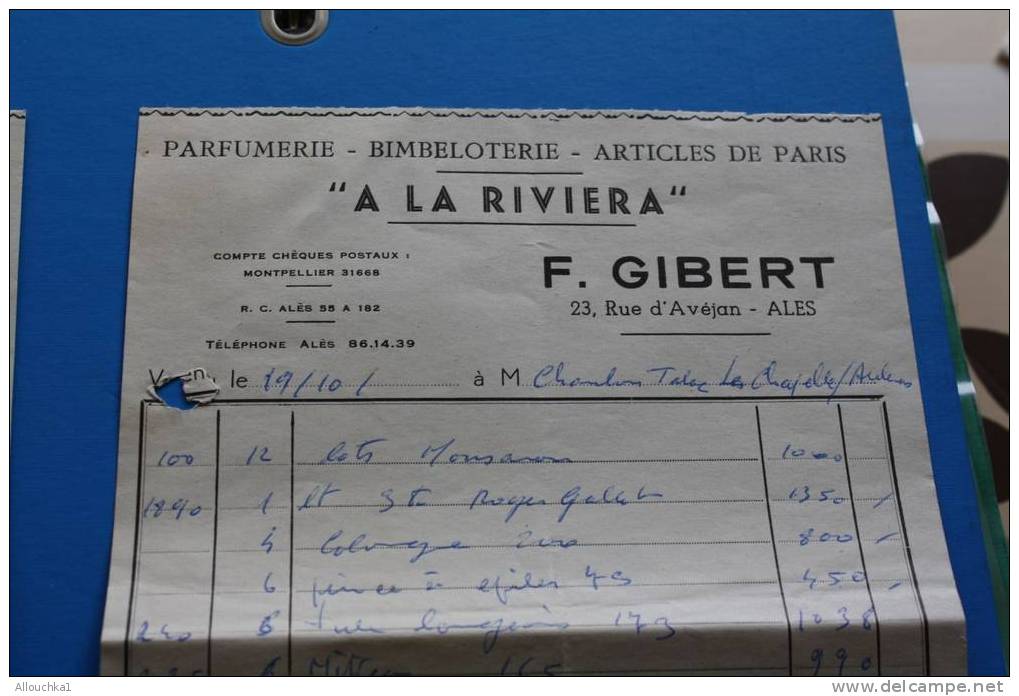 1960-2-FACTURE-PARFUMERIE-BIMBELOTERIE-ARTICLE PARIS"A LA RIVIERA"à ALES-GARD-30-P/LA CHAPELLE-SOUS-AUBENAS-07-ARDECHE - - Drogerie & Parfümerie