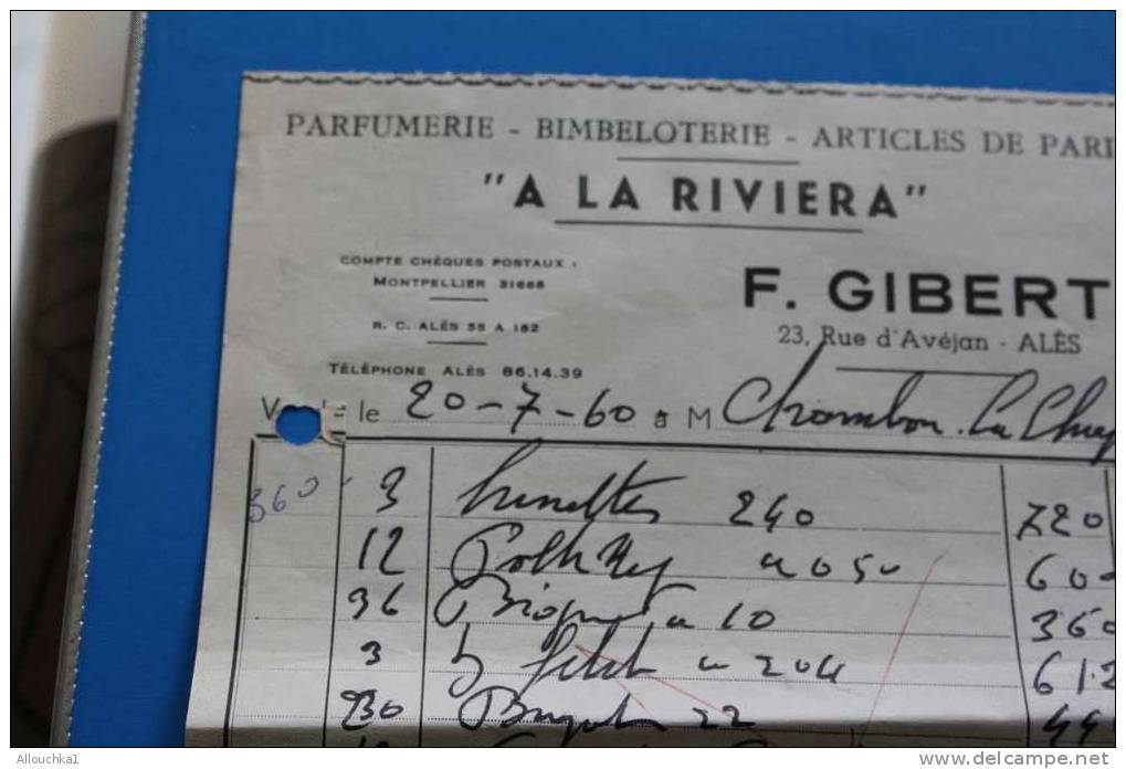 1960-2-FACTURE-PARFUMERIE-BIMBELOTERIE-ARTICLE PARIS"A LA RIVIERA"à ALES-GARD-30-P/LA CHAPELLE-SOUS-AUBENAS-07-ARDECHE - - Chemist's (drugstore) & Perfumery