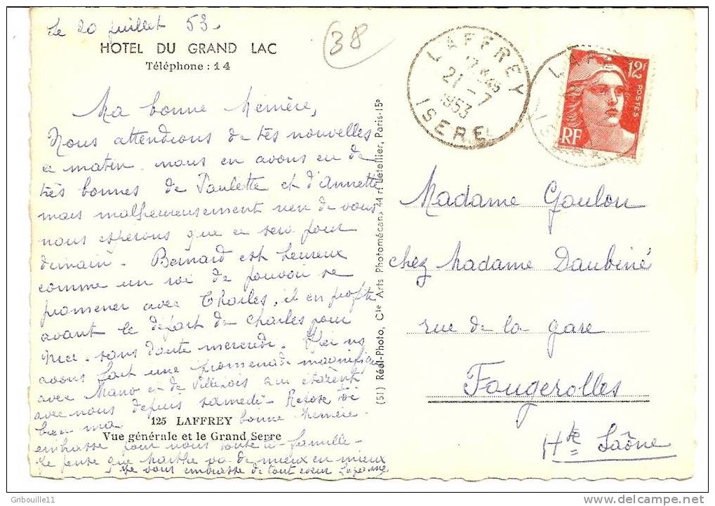 LAFFREY   -   ** VUE GENERALE Et  LE GRAND SERRE  - HOTEL DU GRAND LAC  Téléphone 14 **   -   Edition  C.A.P.   N° 125 - Laffrey