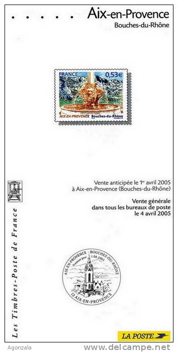 DOCUMENT EMISSION TIMBRE 2005 - SOURCES D´EAUX CHAUDES ET FROIDES FONTAINES AIX-EN PROVENCE - BOUCHES-DU-RHONE - Documentos Del Correo