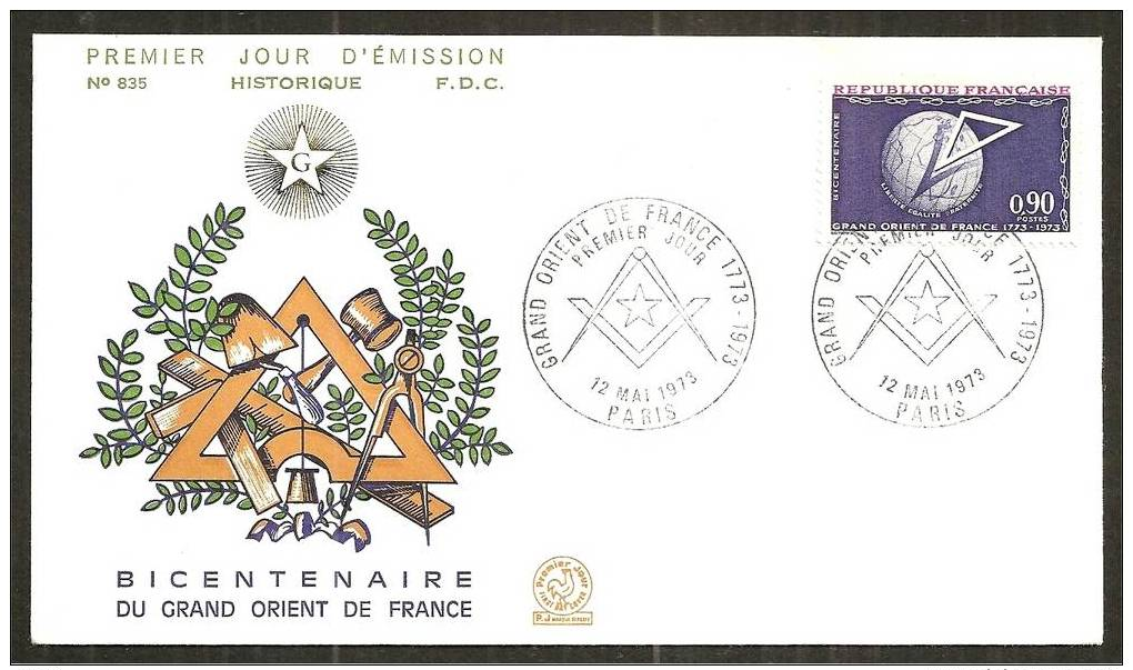 *Bicentenaire Du Grand Orient De France ( N° 835  Historique ) 12.5.1973  FDC - 1970-1979