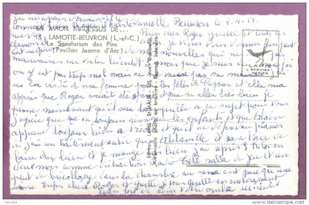 LAMOTTE BEUVRON -  En AVION. Sanatorium Des Pins (Pavillon Jeanne D'Arc). Editions LAPIE N° 18. Circulé 1959. 2 Scans - Lamotte Beuvron