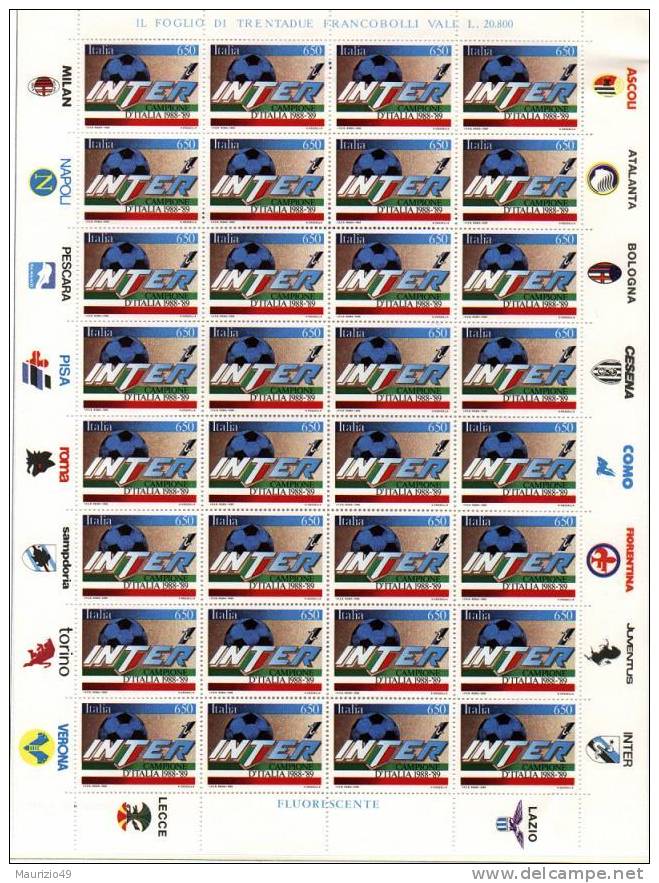 1989 INTER CAMPIONE D'ITALIA  FOGLIO X 32  NUOVO MNH** Perfetto - Blocs-feuillets