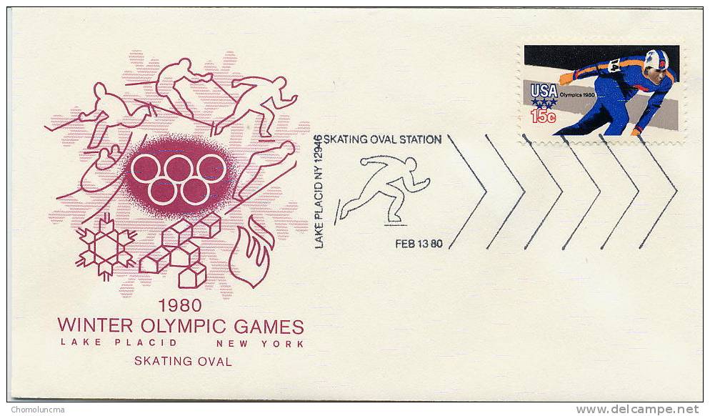 Lake Placid Opening Olympic Special Handstamp Of 13/02/1980 Patinage De Vitesse Speed Skating Eisschnelllauf - Pattinaggio Artistico