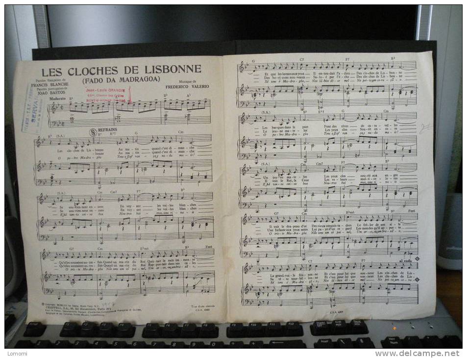 Les Cloches De Lisbonne,musique F. Valério,Paroles En Fr Ançaises F. Blanche,paroles Portugaises Joao Basto 1957 - Compositori Di Commedie Musicali