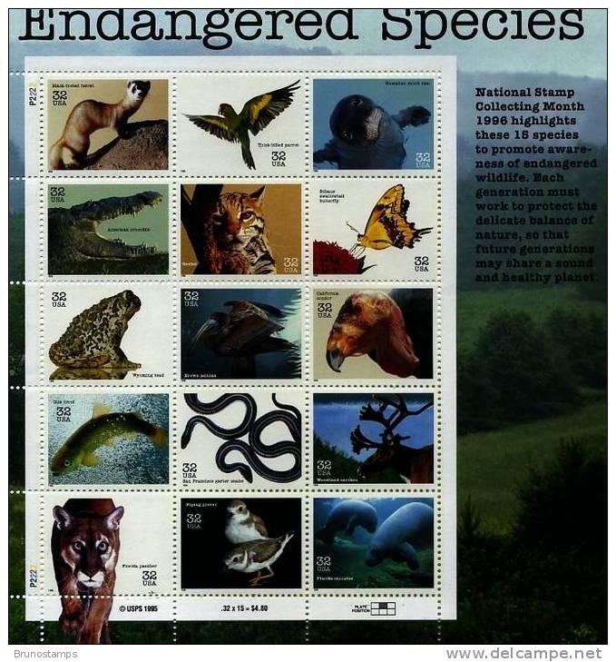 UNITED STATES - 1996  ENDANGERES SPECIES  SHEETLET  MINT NH - 1981-...