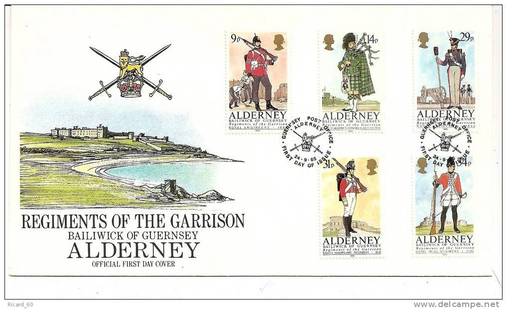 Enveloppe Fdc Alderney, Aurigny, Uniformes Militaires, Regiments Of The Garrison - Alderney