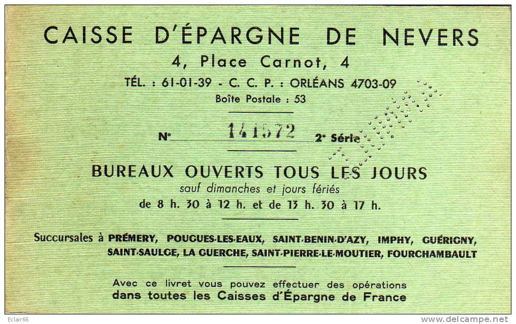 LIVRET DE CAISSE D\'EPARGNE De NEVERS  4 Place Carnot  Année De  1963 A1973  15 Feuillets    X - Bank En Verzekering