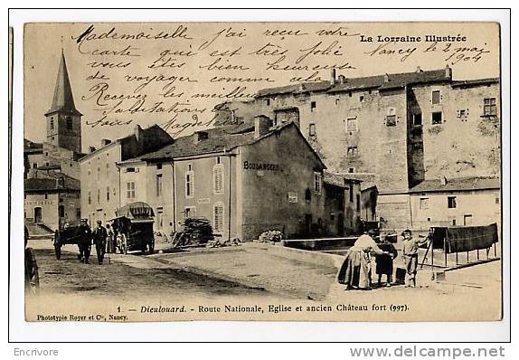 Cpa DIEULOUARD Route Nationale Ancien Chateau Fort Boulangerie Café Chemin De Fer Marchand Ambulant N°1 Ph Royer - Dieulouard