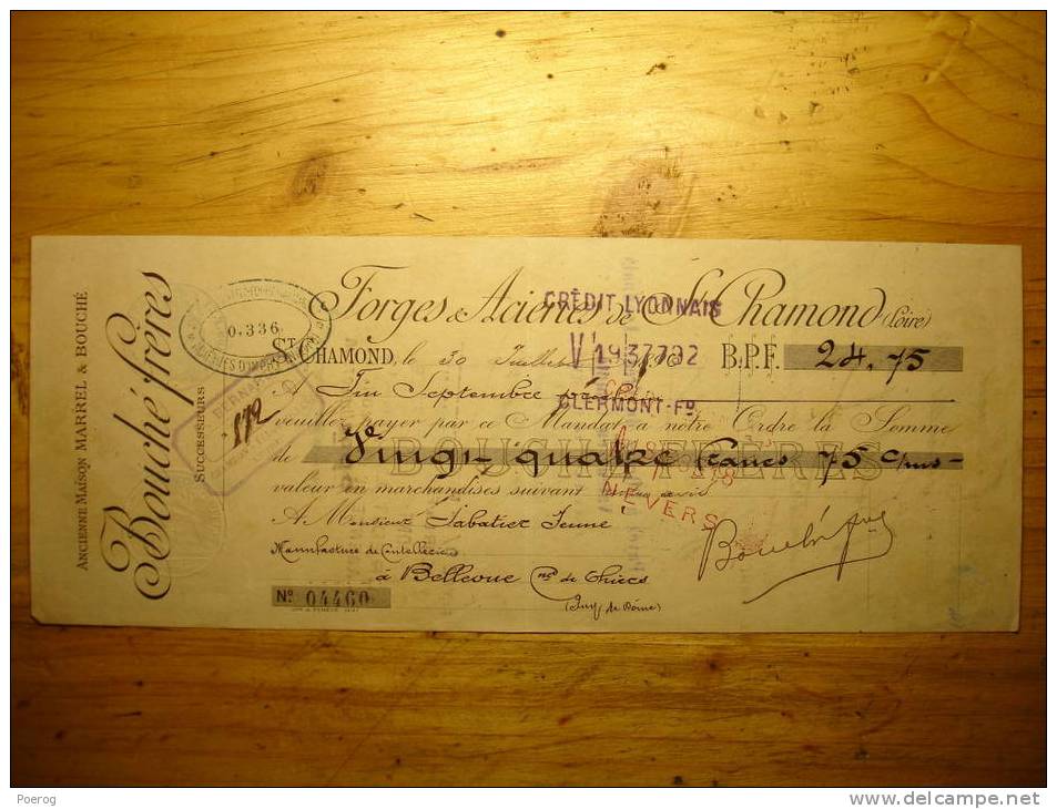 ANCIEN CHEQUE MANDAT LETTRE DE CHANGE 30 JUILLET 1896 - BOUCHE FORGES ACIERIES SAINT CHAMOND COUTELLERIE THIERS - Bills Of Exchange
