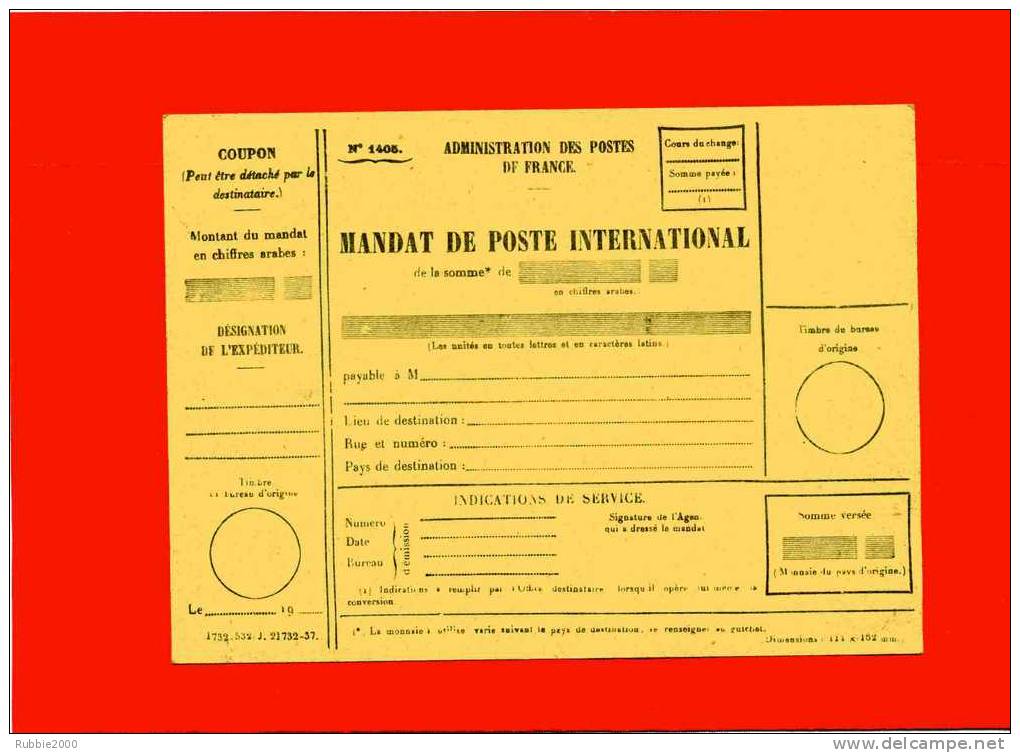 MANDAT DE POSTE INTERNATIONAL 1937 POSTES ET TELEGRAPHES TELEPHONES  IMPRIME BON ETAT - Documents De La Poste