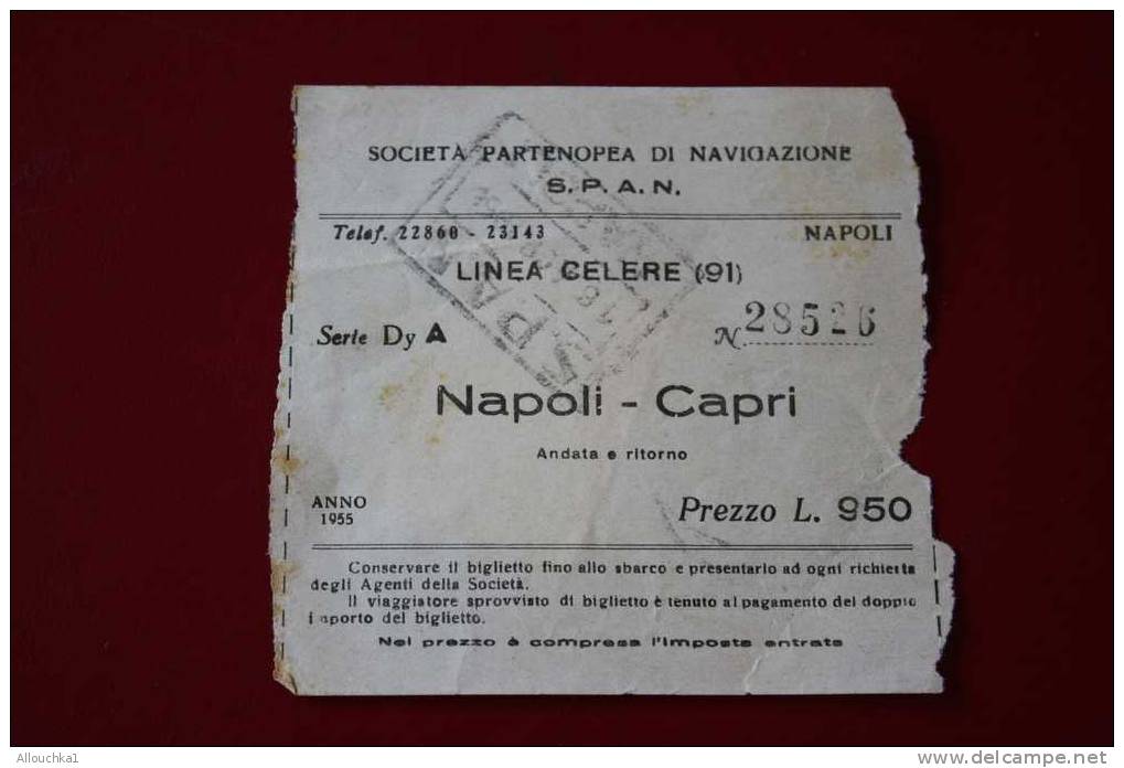 1955-TITRE TRANSPORT-EMBARQUEMENT-PARTENOPEA DI NAVIGAZIONE-LINEA-NAPOLI - CAPRI + ROCE ROSSA ITALIA-CROIX ROUGE ITALIE - Europa