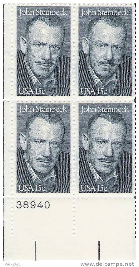 US Scott 1773 - Plate Block Of 4 - John Steinbeck 15 Cent - Mint Never Hinged - Plattennummern