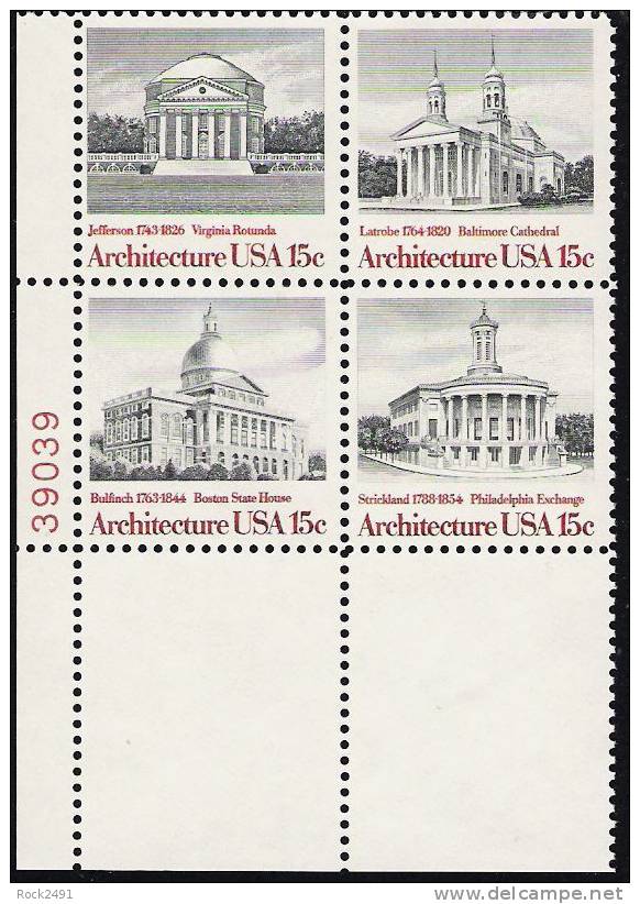 US Scott 1782a (1779 1780 1781 1782) - Plate Block Of 4 Plate 39039 - American Architecture 15 Cent - Mint Never Hinged - Números De Placas