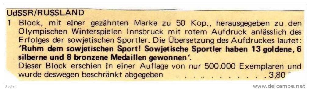 Block 110 + 4449 O Erfolge Der Sowjetunion Bei Den Olympischen Winterspiele Innsbruck 18€ - Covers & Documents