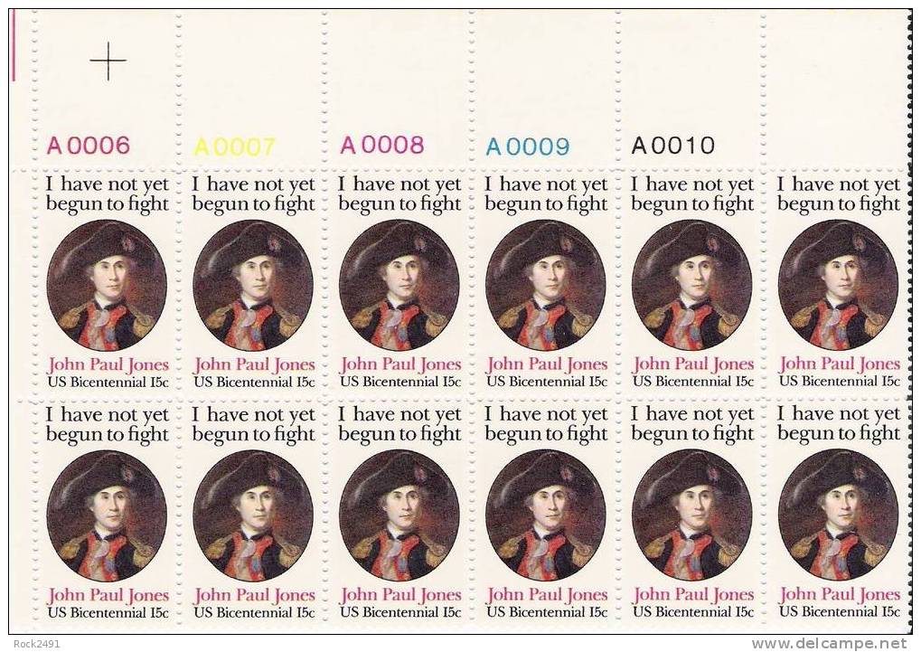 US Scott 1789 - Plate Block Of 12 A00006 - A00010 Top  - John Paul Jones 15 Cent - Mint Never Hinged - Números De Placas