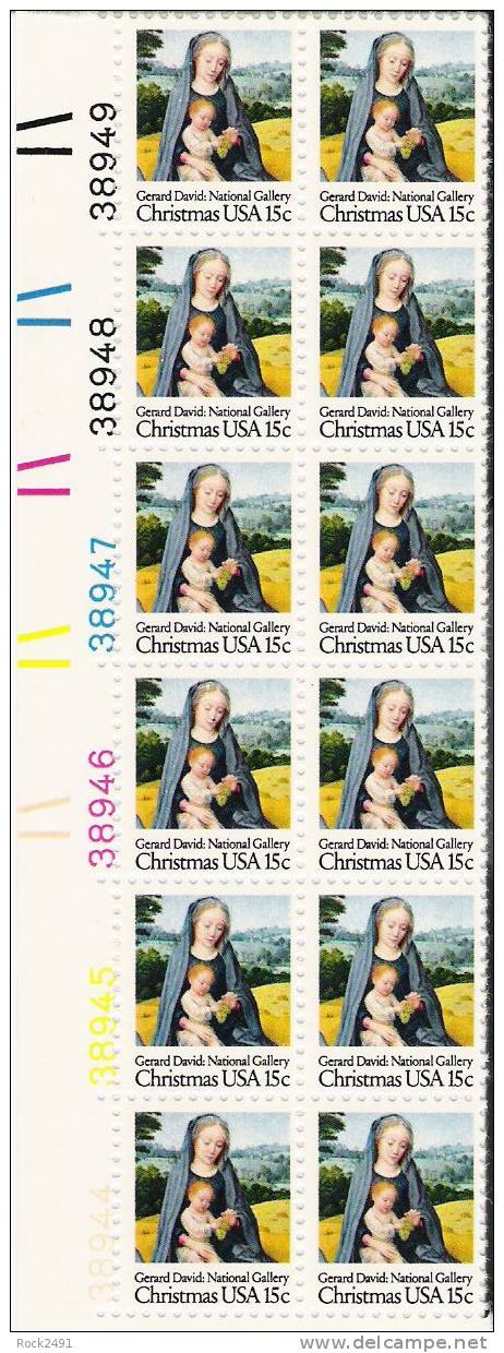 US Scott 1799 - Plate Block Of 12 (left) - Christmas 1979 Virgin And Child 15 Cent - Mint Never Hinged - Numéros De Planches