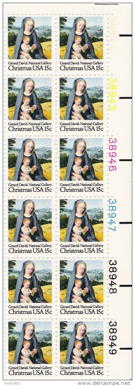 US Scott 1799 - Plate Block Of 12 (right) - Christmas 1979 Virgin And Child 15 Cent - Mint Never Hinged - Numéros De Planches