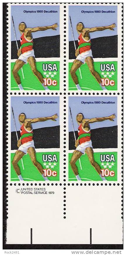 US Scott 1790 - Copyright Block Of 4 - 1980 Summer Olympics  - Javelin 10 Cent - Mint Never Hinged - Blocchi & Foglietti