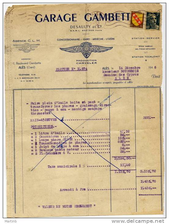 1946  GARAGE GAMBETTA  ALES  Concessionnaire DODGE CHRYSLER - Auto's