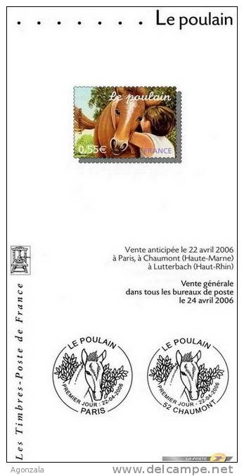 DOCUMENT EMISSION TIMBRE 2006 - ANIMAUX DOMESTIQUES - LE POULAIN - CHEVAL - Documentos Del Correo