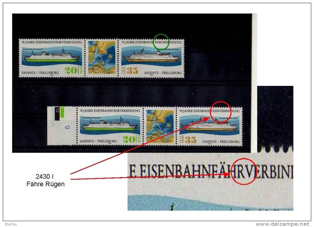 Abart Schweden - Fähre Rügen Bis Trelleborg DDR 2430 I ** 54€ Mit Vergleichsstück - Variedades Y Curiosidades