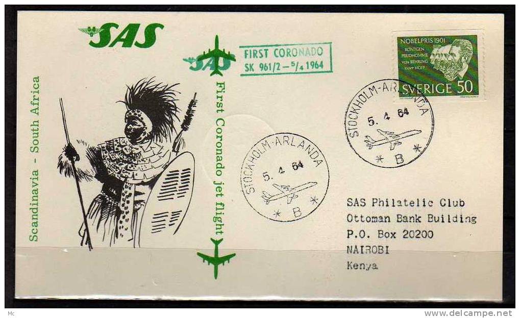 Première Liaison Aeriènne . Stockholm - Nairobi Le 05/04/1964 , SAS - Storia Postale