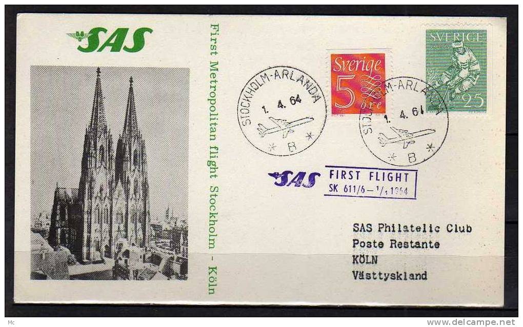 Première Liaison Aeriènne . Stockholm - Koln Le 01/04/1964 , SAS - Lettres & Documents