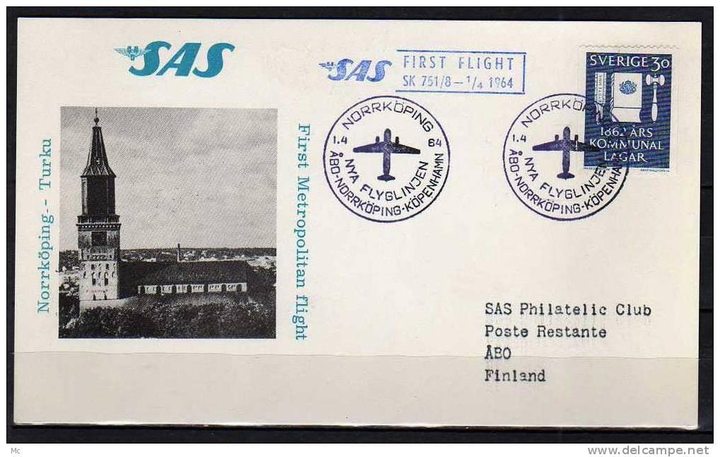 Première Liaison Aeriènne . Stockholm - Abo Le 01/04/1964 , SAS - Brieven En Documenten