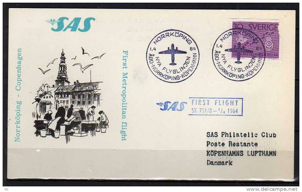 Première Liaison Aeriènne . Stockholm - Copenhagen Le 01/04/1964 , SAS - Lettres & Documents