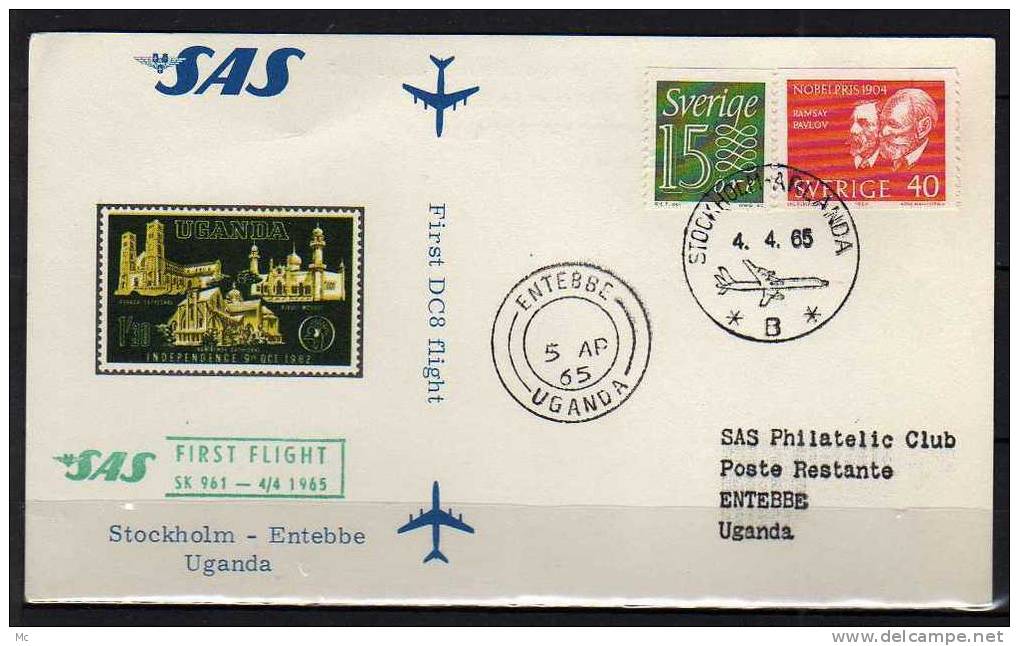 Première Liaison Aeriènne . Stockholm - Entebbe Le 04/04/1965 , SAS - Lettres & Documents