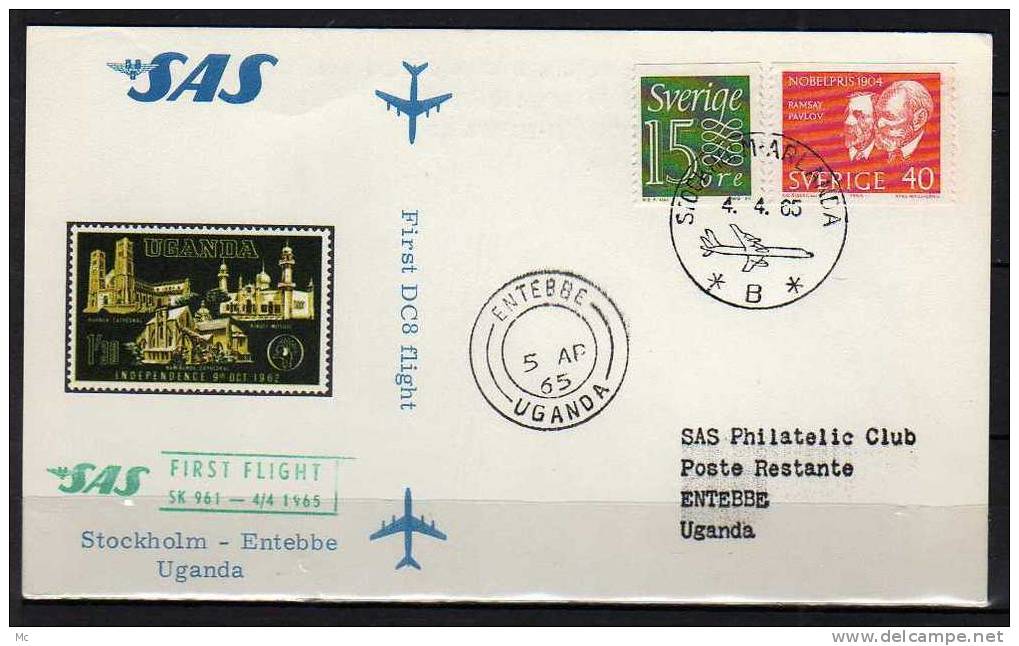 Première Liaison Aeriènne . Stockholm - Entebbe Le 04/04/1965 , SAS - Lettres & Documents