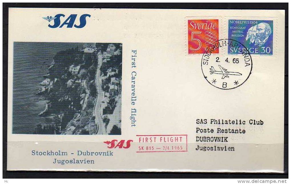 Première Liaison Aeriènne . Stockholm - Dubrovnik Le 02/04/1965 , SAS - Lettres & Documents