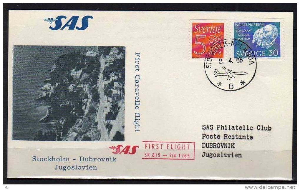 Première Liaison Aeriènne . Stockholm - Dubrovnik Le 02/04/1965 , SAS - Lettres & Documents