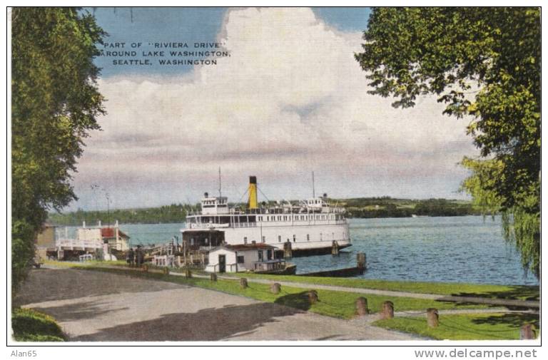 Lake Washington Ferry Dock, Riviera Drive Around Lake, 1940s Vintage Linen Seattle Postcard - Seattle