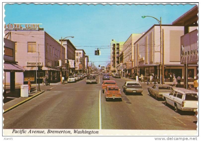 Bremerton WA Chrome Street Scene Postcard, Animated Scene, Sports Car And 1970s Vintage Autos - Altri & Non Classificati