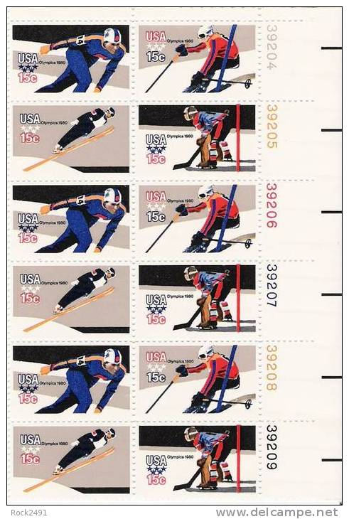 US Scott 1798b (1795 1796 1797 1798) - Plate Block Of 12 (right) - 1980 Winter Olympics 15 Cent - Mint Never Hinged - Números De Placas